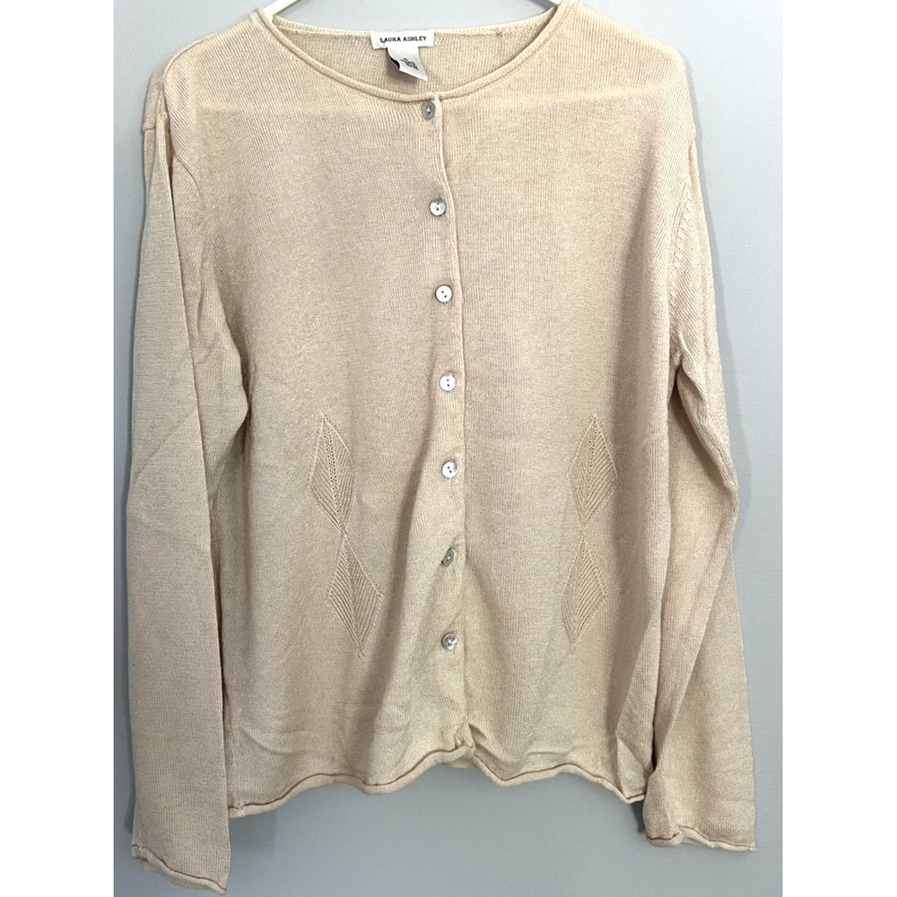 Laura Ashley Sweater Womens XL Beige Button Cardigan Ramie Cotton Diamond Knit‎